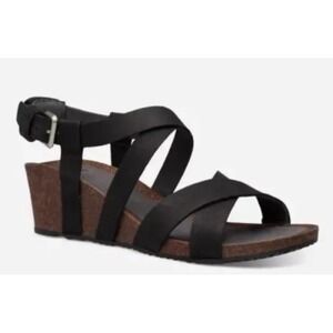 Teva Women's Mahonia Wedge Cross Strap Leather Sandals Black‎ Size 11